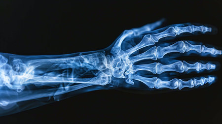 Detailing the closed fracture of a hand's skeletal structure with clear visibility of bonesの素材