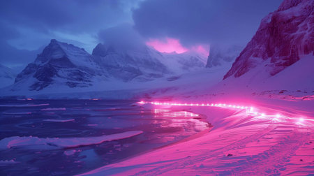 Neon lights cut through the icy terrain of Antarctica, creating a stunning visual contrast at duskの素材