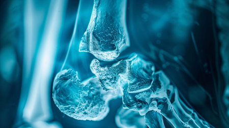 A close examination shows the details of a closed bone fracture including damage and normal tissueの素材