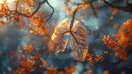 Glowing lungs hang amidst vibrant branches, surrounded by enchanting orange foliage and soft lightの素材