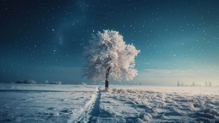 A lone tree stands in a vast snowy field, illuminated by stars on a clear winter nightの素材