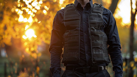 A person stands in a park wearing a bulletproof vest as the sun sets behind themの素材
