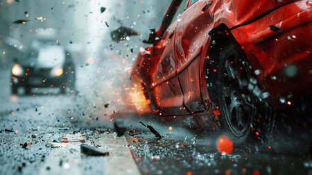 A red car crashed into another vehicle on a wet street, causing chaos and debrisの素材