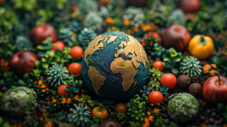 A detailed depiction of Earth amidst diverse vegetables and fruits showcasing nature's bountyの素材