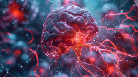 Vivid depiction of a brain with encephalitis, featuring glowing neural connectionsの素材