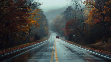 A car travels along a winding road surrounded by vibrant autumn trees and misty weatherの素材
