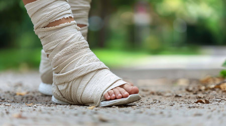 Person with a fractured foot receiving first aid treatment outdoors while walking on a wooded pathの素材