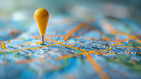 The map shows city driving directions with a yellow pin marking a specific locationの素材