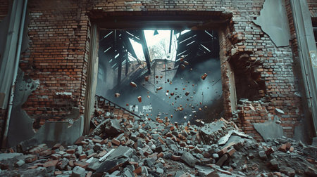 Debris covers the ground where a building once stood, revealing significant destructionの素材