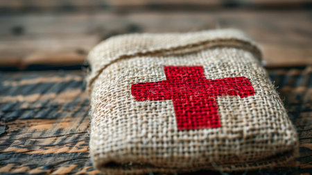 A first aid kit on wood, featuring a red cross in natural lightの素材