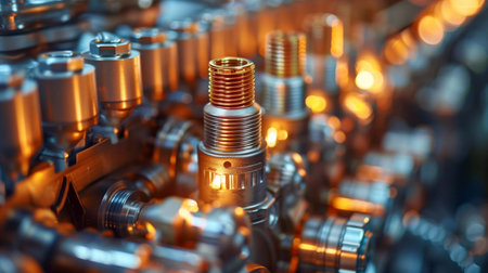 Close-up reveals intricate parts of a glowing injection combustion engineの素材