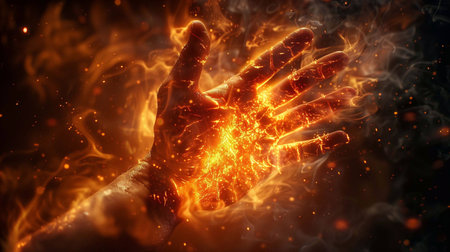 A hand is engulfed in flames, showcasing a severe burn amid swirling smoke for dramaの素材