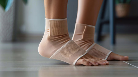 An ankle bandage is securely wrapped around a foot providing support and stability during healingの素材