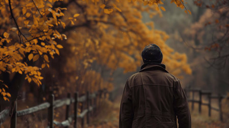 Individual strolls on a tranquil path bordered by vibrant autumn foliage and a rustic fenceの素材