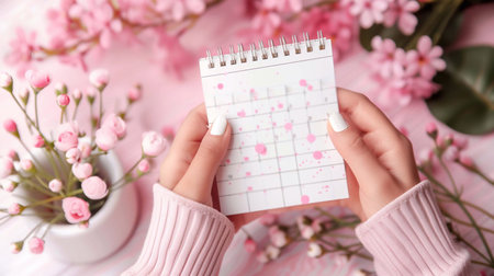 Hands hold a floral menstrual calendar amid delicate pink flowers in a serene sceneの素材