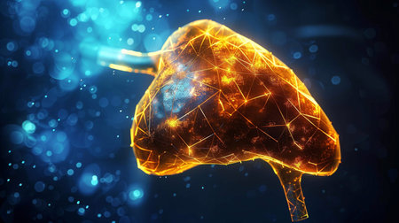 Vivid liver visualization highlighting its structure, function, and luminous effectsの素材