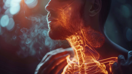 A close-up of a person in bronchial pain, highlighting the respiratory system's anatomyの素材