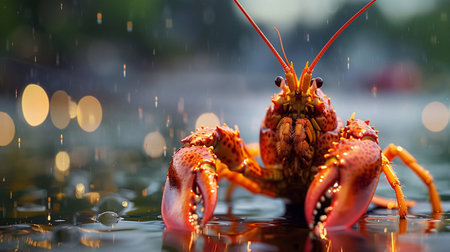 Crayfish clings to a wet surface in the rain, displaying vivid colors and intricate detailsの素材