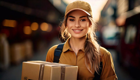 Delivery worker smiling while carrying package in a busy urban environmentの素材