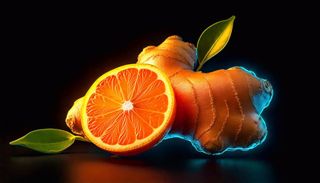 Ginger root and orange slice shine with neon accents against a dark background.の素材