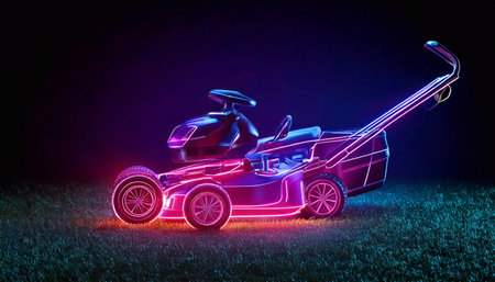 This unique lawn mower bright features neon lights, illuminating its sleek design in darkness.の素材