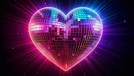 A heart-shaped disco ball radiates bright neon colors, creating an energetic ambiance in the space.の素材