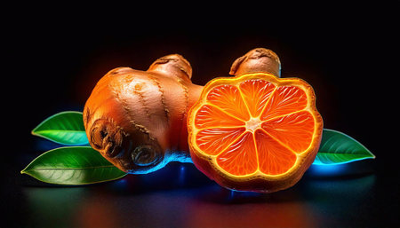 Ginger root and a halved orange fruit featured with leaves create a striking composition.の素材
