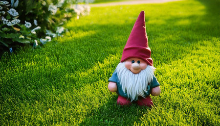 Cheerful gnome with a red hat and white beard stands in lush grass by blooming flowers.の素材