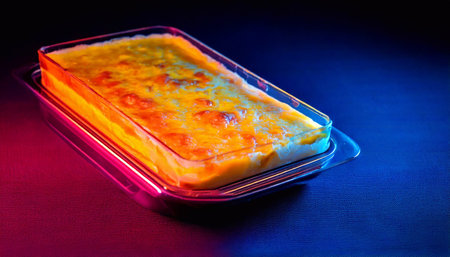 Brightly colored cheese casserole in a sleek container glowing under neon lights at a gathering.の素材