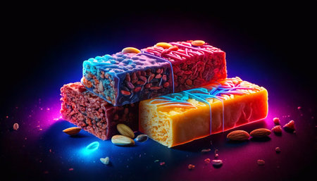 Three colorful protein bars stacked together, glowing against a dark background.の素材