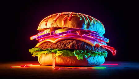 The neon doner kebab is visually striking with multiple bright colors and delicious toppings.の素材