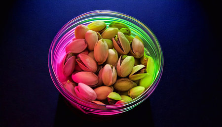 Pistachios glow in a clear bowl under neon lights, showing their vibrant texture and color.の素材