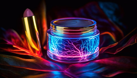 Colorful neon foundation container highlights innovative design against lush foliage backdrop.の素材