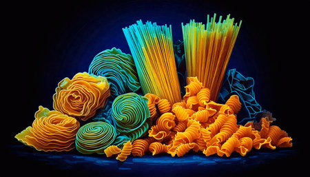 Hard pasta varieties are artistically arranged in vibrant neon colors highlighting their shapes.の素材