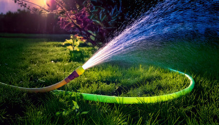 Bright afternoon light illuminates a garden being watered with a colorful neon hose.の素材
