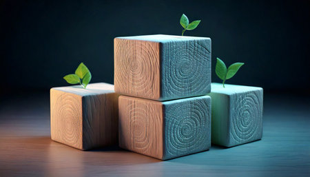 Colorful wooden eco cubes sit on a table, inspiring creativity and play for children.の素材