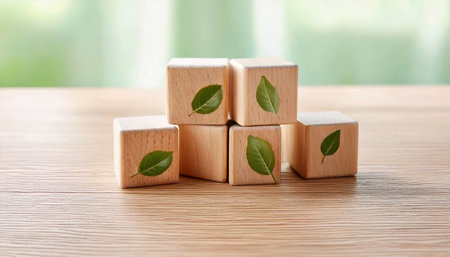 A set of wooden eco cubes with leaf designs creates a playful environment for children.の素材