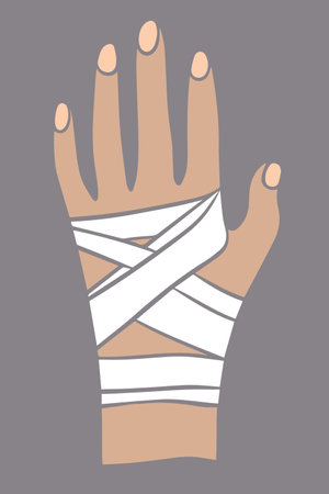 Vector isolated illustration of a bandaged hand. First aid for hand injuries.のイラスト素材