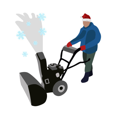 Vector isolated illustration of a man removing snow with a snowplow.Snow removal for the Christmas holidays.のイラスト素材
