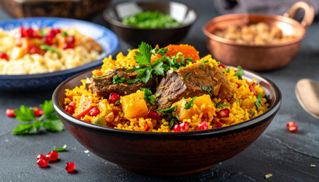 A delicious makrout full of colors is displayed on a dark table. The features dish couscous, tender meat, and garnished herbs.の素材