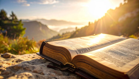 Bright sunlight shines over an open New Testament resting on rocks. The serene mountain landscape enhances the peaceful morning atmosphere, inviting reflection and contemplation.の素材