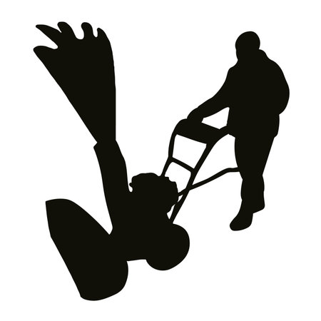 Vector isolated illustration of a man silhouette removing snow with a snowplow.のイラスト素材
