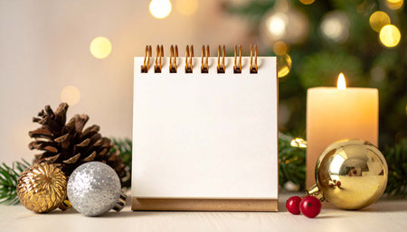 A seasonal calendar stands in front of a softly lit candle, surrounded by Christmas decorations like ornaments and pinecones. The atmosphere feels warm and cheerful, perfect for the holidays.の素材