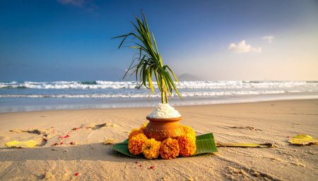 A traditional offering made of a clay pot filled with rice and adorned with flowers is placed on the sand. Waves crash softly along the shore under a colorful sunset sky.の素材