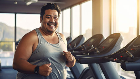 A cheerful man runs on a treadmill in a spacious gym filled with natural light. The atmosphere is energetic as he enjoys his workout beside other machines.の素材