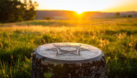 The sun sets behind distant hills, casting a warm glow over an open field. A stone marker with a biblical symbol stands prominently in the foreground, surrounded by tall grass.の素材