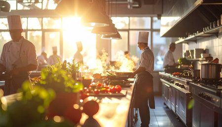 Chefs work diligently in a vibrant restaurant kitchen during a sunset shift, surrounded by fresh ingredients and a warm atmosphere filled with steam and aromas.の素材