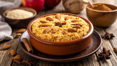 A festive sellou made from toasted flour, almonds, and sesame is beautifully arranged for a celebration. Cinnamon and other spices add aroma and flavor to this delightful dish.の素材