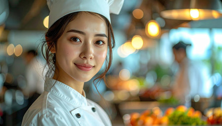 A dedicated chef smiles in a busy restaurant kitchen filled with vibrant produce and culinary activity. It's evening, and the atmosphere is lively with staff preparing for dinner service.の素材