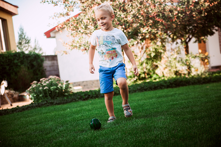 Little blonde boy playing football on the green grass in the summerの写真素材